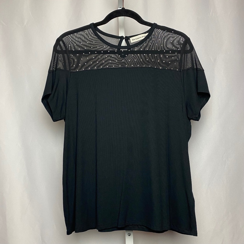 Rebecca Minkoff Womenʻs Black Ribbed Blouse with Sheer Mesh and Rhinestones XL